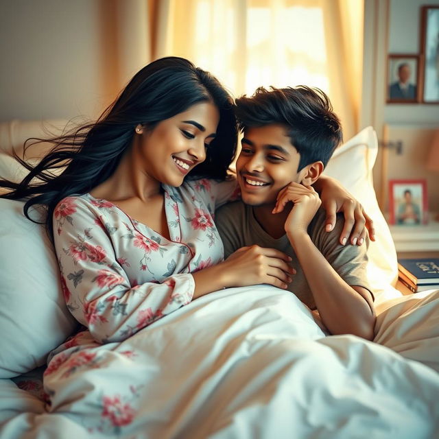 A heartwarming scene of a beautiful Indian woman and her teenage son sharing a cozy bed, with the warm sunlight filtering through the window illuminating the room