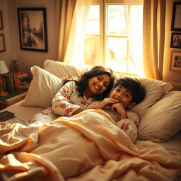 A heartwarming scene of a beautiful Indian woman and her teenage son sharing a cozy bed, with the warm sunlight filtering through the window illuminating the room
