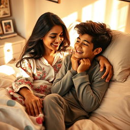 A heartwarming scene of a beautiful Indian woman and her teenage son sharing a cozy bed, with the warm sunlight filtering through the window illuminating the room