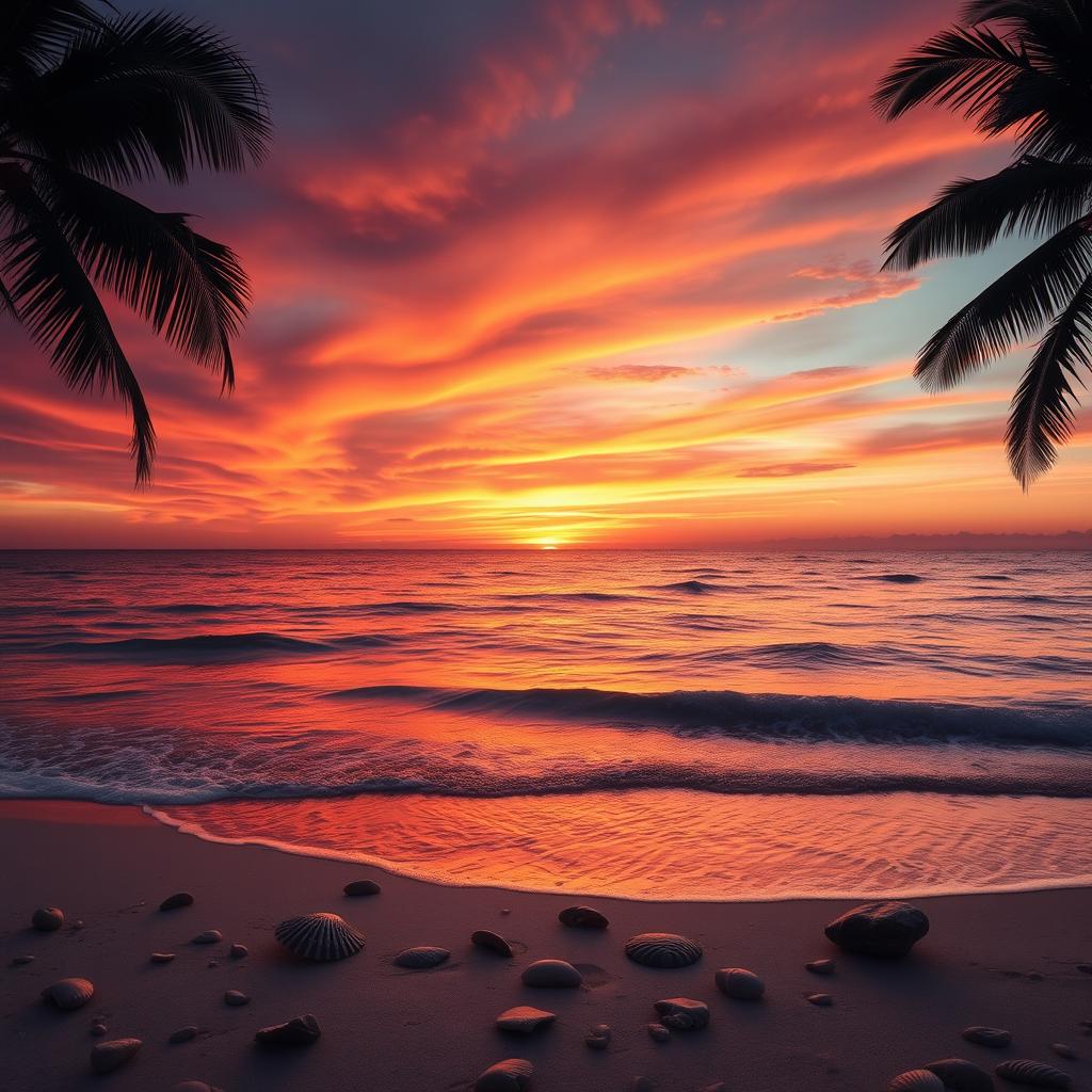 A beautiful, captivating landscape featuring a vibrant sunset over a calm ocean, with the sun dipping below the horizon casting an array of warm colors in the sky, rich oranges, pinks, and purples blending seamlessly