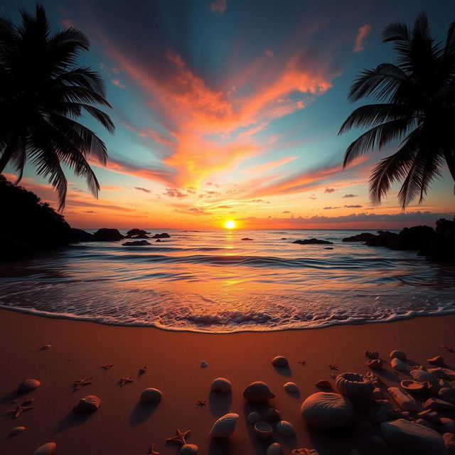 A beautiful, captivating landscape featuring a vibrant sunset over a calm ocean, with the sun dipping below the horizon casting an array of warm colors in the sky, rich oranges, pinks, and purples blending seamlessly