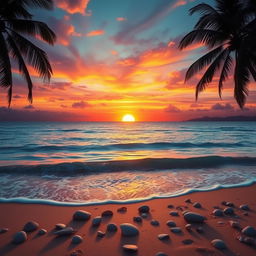 A beautiful, captivating landscape featuring a vibrant sunset over a calm ocean, with the sun dipping below the horizon casting an array of warm colors in the sky, rich oranges, pinks, and purples blending seamlessly