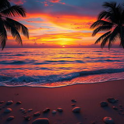 A beautiful, captivating landscape featuring a vibrant sunset over a calm ocean, with the sun dipping below the horizon casting an array of warm colors in the sky, rich oranges, pinks, and purples blending seamlessly