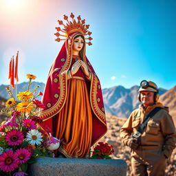 A vibrant depiction of the Virgin of Urkupiña, showcasing her traditional attire, surrounded by colorful flowers and intricate decorations, while in the background, a Bolivian miner wearing traditional mining gear, including a helmet and headlamp, stands proudly amidst a scenic landscape that represents Bolivia's rich mining culture