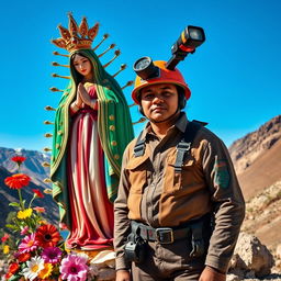 A vibrant depiction of the Virgin of Urkupiña, showcasing her traditional attire, surrounded by colorful flowers and intricate decorations, while in the background, a Bolivian miner wearing traditional mining gear, including a helmet and headlamp, stands proudly amidst a scenic landscape that represents Bolivia's rich mining culture