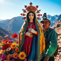 A vibrant depiction of the Virgin of Urkupiña, showcasing her traditional attire, surrounded by colorful flowers and intricate decorations, while in the background, a Bolivian miner wearing traditional mining gear, including a helmet and headlamp, stands proudly amidst a scenic landscape that represents Bolivia's rich mining culture