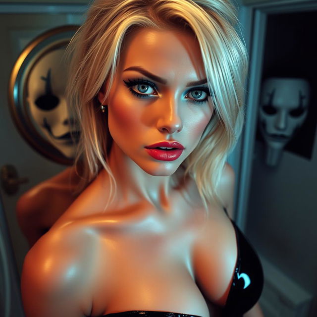 A beautiful 19-year-old blonde woman with captivating crystal blue eyes, enhanced by bright frosted pastel blue eyeshadow, thick black eyeliner, and long, luxurious eyelashes defined by thick black mascara