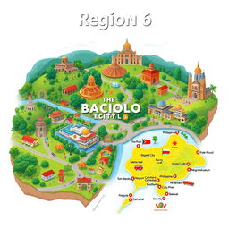 A detailed and vibrant digital illustration of Region 6 in the Philippines, showcasing its capital, Bacolod City