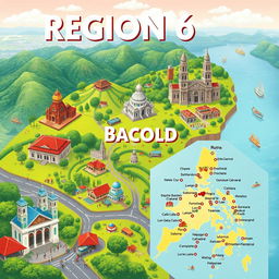 A detailed and vibrant digital illustration of Region 6 in the Philippines, showcasing its capital, Bacolod City