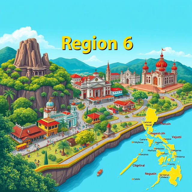 A detailed and vibrant digital illustration of Region 6 in the Philippines, showcasing its capital, Bacolod City