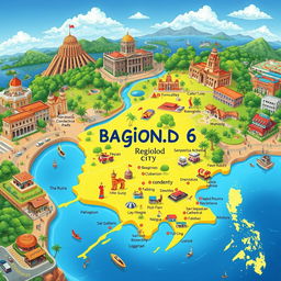 A detailed and vibrant digital illustration of Region 6 in the Philippines, showcasing its capital, Bacolod City