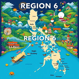 A comprehensive and artistic representation of Region 6 in the Philippines, prominently featuring its geographical features and cultural highlights