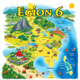 A comprehensive and artistic representation of Region 6 in the Philippines, prominently featuring its geographical features and cultural highlights