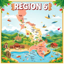 A comprehensive and artistic representation of Region 6 in the Philippines, prominently featuring its geographical features and cultural highlights