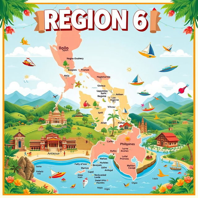 A comprehensive and artistic representation of Region 6 in the Philippines, prominently featuring its geographical features and cultural highlights