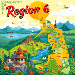 A comprehensive and artistic representation of Region 6 in the Philippines, prominently featuring its geographical features and cultural highlights