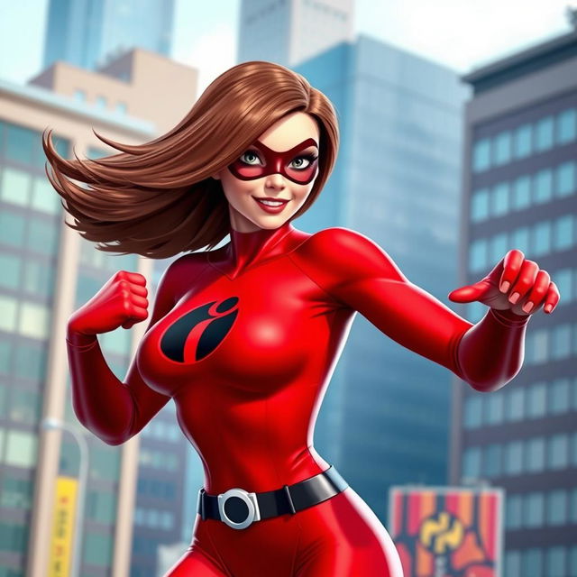 A powerful and confident superheroine named Helen Parr, also known as Elastigirl, showcases her incredible flexibility with a dynamic pose, set against a vibrant urban background