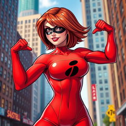 A powerful and confident superheroine named Helen Parr, also known as Elastigirl, showcases her incredible flexibility with a dynamic pose, set against a vibrant urban background