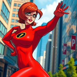 A powerful and confident superheroine named Helen Parr, also known as Elastigirl, showcases her incredible flexibility with a dynamic pose, set against a vibrant urban background