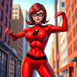 A powerful and confident superheroine named Helen Parr, also known as Elastigirl, showcases her incredible flexibility with a dynamic pose, set against a vibrant urban background