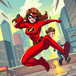 A dramatic scene featuring a stylized superhero-themed composition where Helen Parr (Elastigirl) is in action, showcasing her incredible powers, agility, and strength