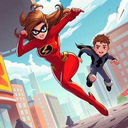 A dramatic scene featuring a stylized superhero-themed composition where Helen Parr (Elastigirl) is in action, showcasing her incredible powers, agility, and strength