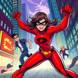A dramatic scene featuring a stylized superhero-themed composition where Helen Parr (Elastigirl) is in action, showcasing her incredible powers, agility, and strength