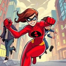 A dramatic scene featuring a stylized superhero-themed composition where Helen Parr (Elastigirl) is in action, showcasing her incredible powers, agility, and strength