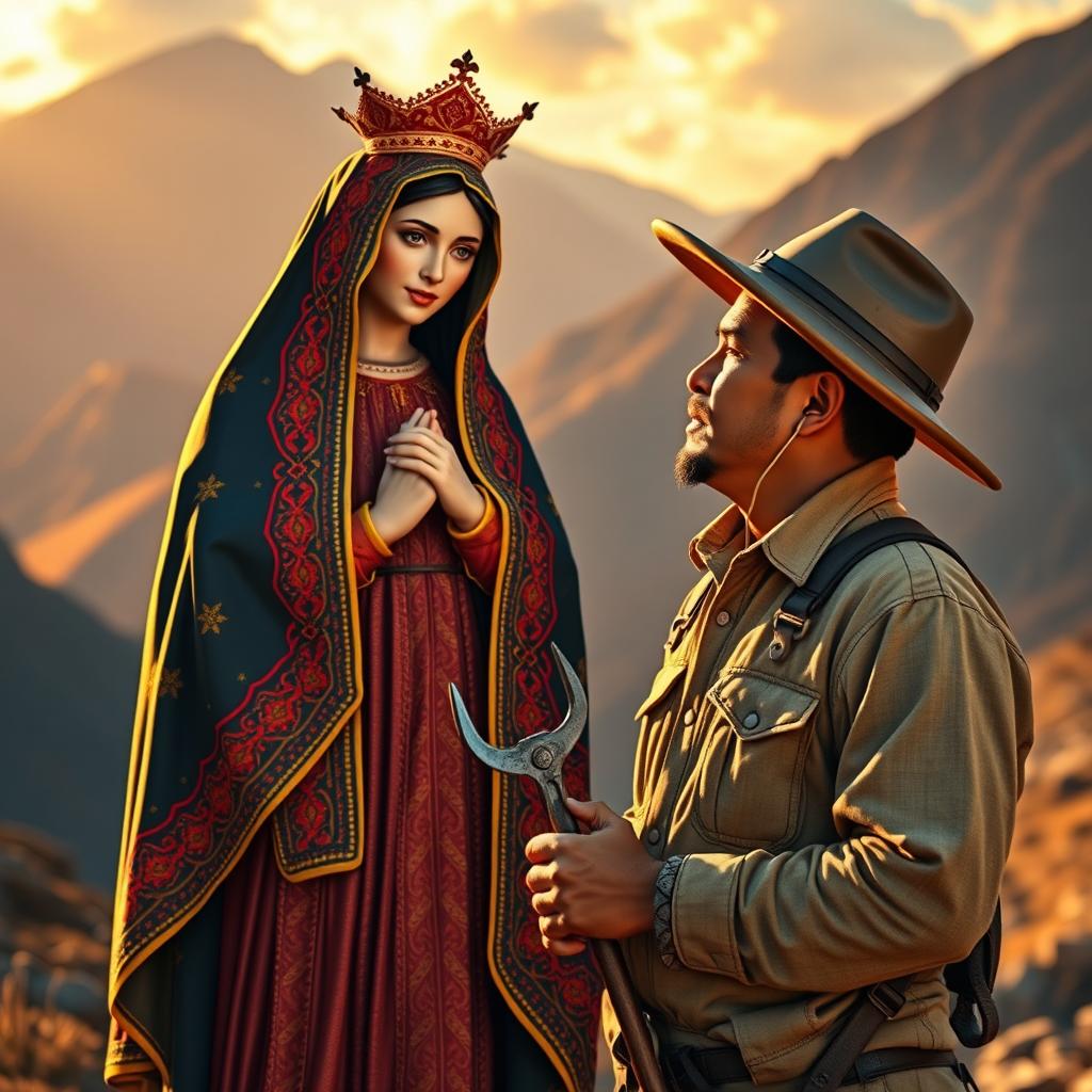 A vibrant and respectful depiction of the Virgen de Urkupiña, wearing her traditional attire adorned with intricate colorful patterns, set against a backdrop of a Bolivian miner in their work clothes, showcasing the resilience and heritage of Bolivia