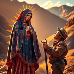 A vibrant and respectful depiction of the Virgen de Urkupiña, wearing her traditional attire adorned with intricate colorful patterns, set against a backdrop of a Bolivian miner in their work clothes, showcasing the resilience and heritage of Bolivia