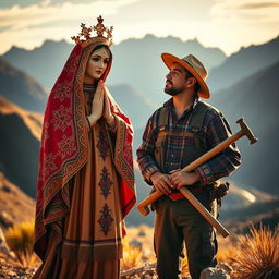 A vibrant and respectful depiction of the Virgen de Urkupiña, wearing her traditional attire adorned with intricate colorful patterns, set against a backdrop of a Bolivian miner in their work clothes, showcasing the resilience and heritage of Bolivia