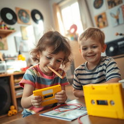 A nostalgic scene of two kids playing with a bright yellow audio cassette and a wooden pencil