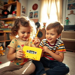 A nostalgic scene of two kids playing with a bright yellow audio cassette and a wooden pencil