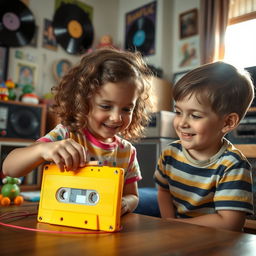 A nostalgic scene of two kids playing with a bright yellow audio cassette and a wooden pencil