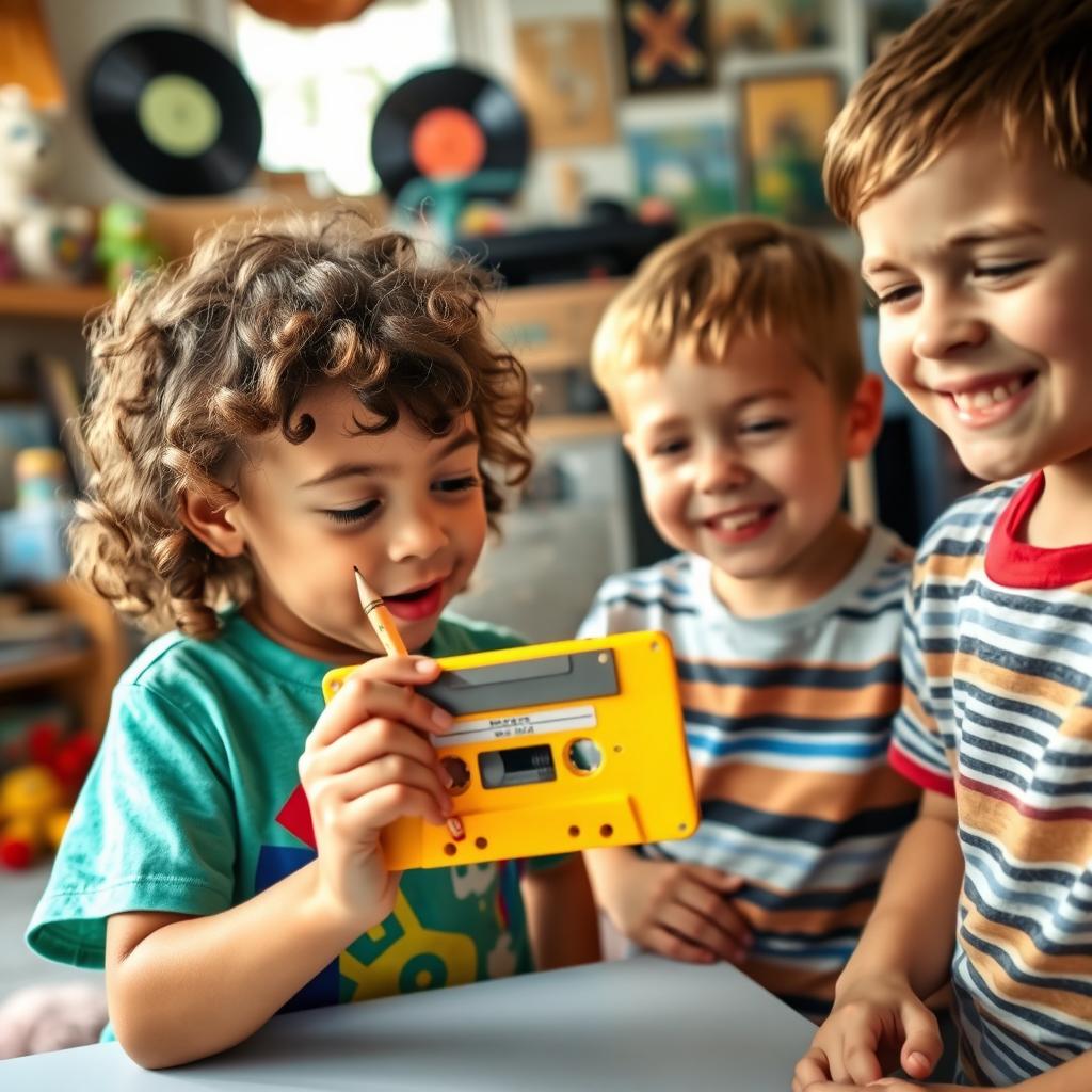 A nostalgic scene of two kids playing with a bright yellow audio cassette and a wooden pencil