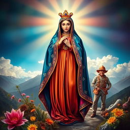 A vibrant and colorful portrayal of the Virgin of Urkupiña, depicted with her traditional attire, surrounded by a beautiful Bolivian landscape