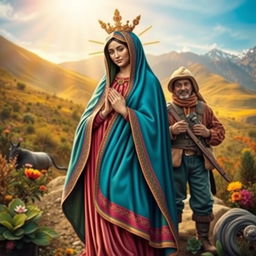 A vibrant and colorful portrayal of the Virgin of Urkupiña, depicted with her traditional attire, surrounded by a beautiful Bolivian landscape