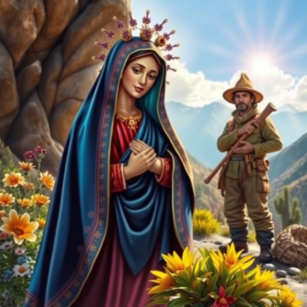 A vibrant and colorful portrayal of the Virgin of Urkupiña, depicted with her traditional attire, surrounded by a beautiful Bolivian landscape