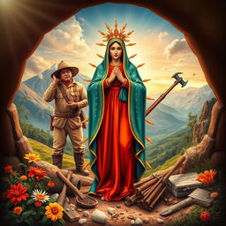 A vibrant and colorful portrayal of the Virgin of Urkupiña, depicted with her traditional attire, surrounded by a beautiful Bolivian landscape