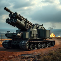 An imposing self-propelled artillery system named 'Il Terremoto', designed to replace the giant railway guns of the past