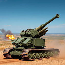 An imposing self-propelled artillery system named 'Il Terremoto', designed to replace the giant railway guns of the past