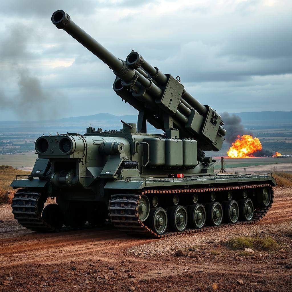 An imposing self-propelled artillery system named 'Il Terremoto', designed to replace the giant railway guns of the past