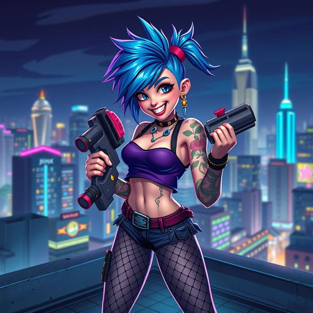 A dynamic and vibrant character portrait of Jinx, the blue-haired champion from a video game, standing on a city rooftop at night