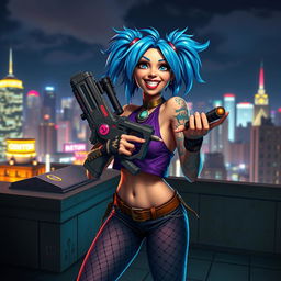 A dynamic and vibrant character portrait of Jinx, the blue-haired champion from a video game, standing on a city rooftop at night