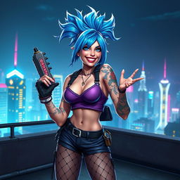 A dynamic and vibrant character portrait of Jinx, the blue-haired champion from a video game, standing on a city rooftop at night