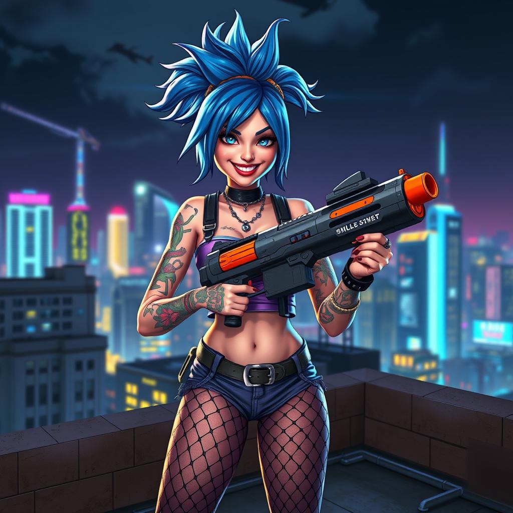 A dynamic and vibrant character portrait of Jinx, the blue-haired champion from a video game, standing on a city rooftop at night