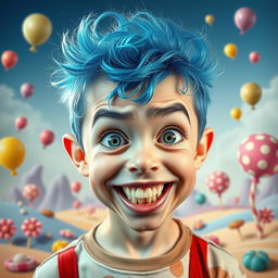 A surreal portrait of a male child displaying a range of bizarre and exaggerated facial expressions, set in a colorful, whimsical background