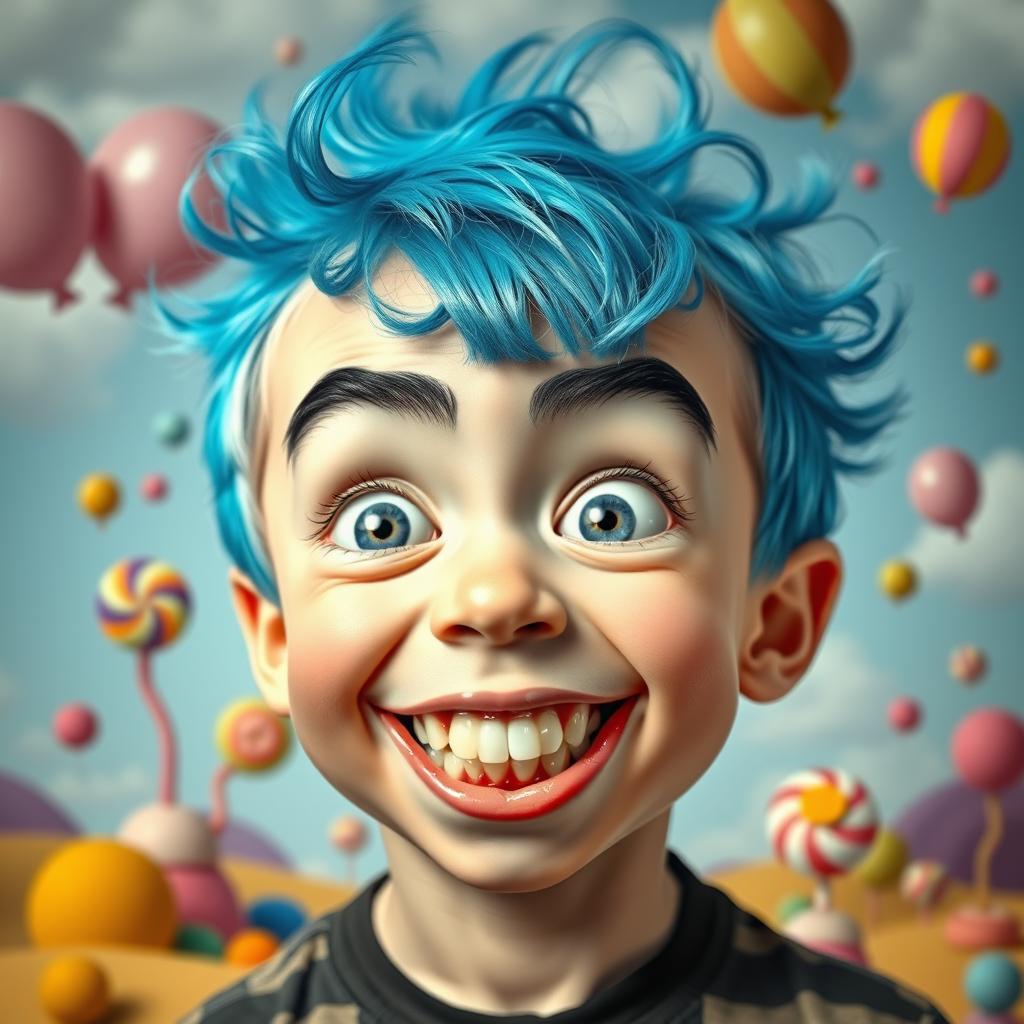 A surreal portrait of a male child displaying a range of bizarre and exaggerated facial expressions, set in a colorful, whimsical background