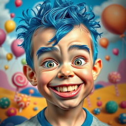 A surreal portrait of a male child displaying a range of bizarre and exaggerated facial expressions, set in a colorful, whimsical background
