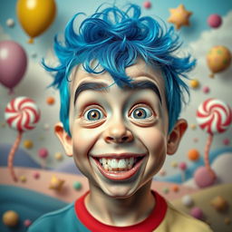 A surreal portrait of a male child displaying a range of bizarre and exaggerated facial expressions, set in a colorful, whimsical background